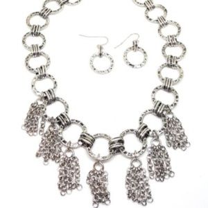 Silver Tone Fringe Choker Necklace and Earring Set